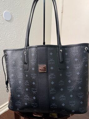 MCM Black Monogram Canvas Leather Tote Bag